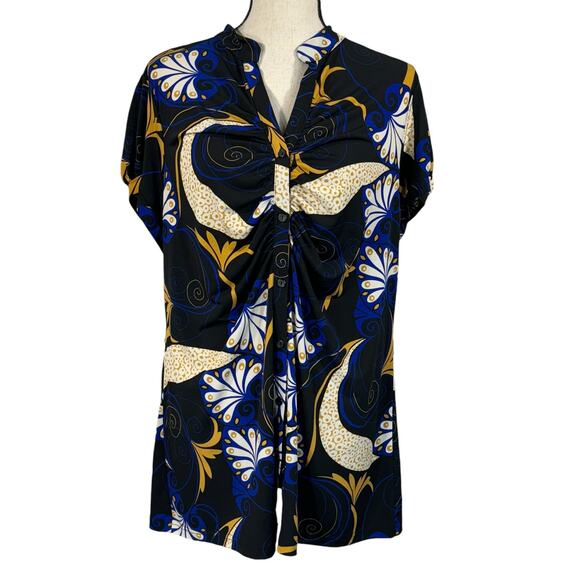 Lane Bryant Tops - Lane Bryant SZ 14/16 Top Ruched Button-Up V-Neck Cap Sleeves Geometric Stretch